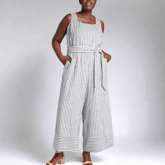 Lane Bryant Stripped Linen Blend Belted Wide Leg Cropped Sleeveless Romper (28) - Picture 1 of 14